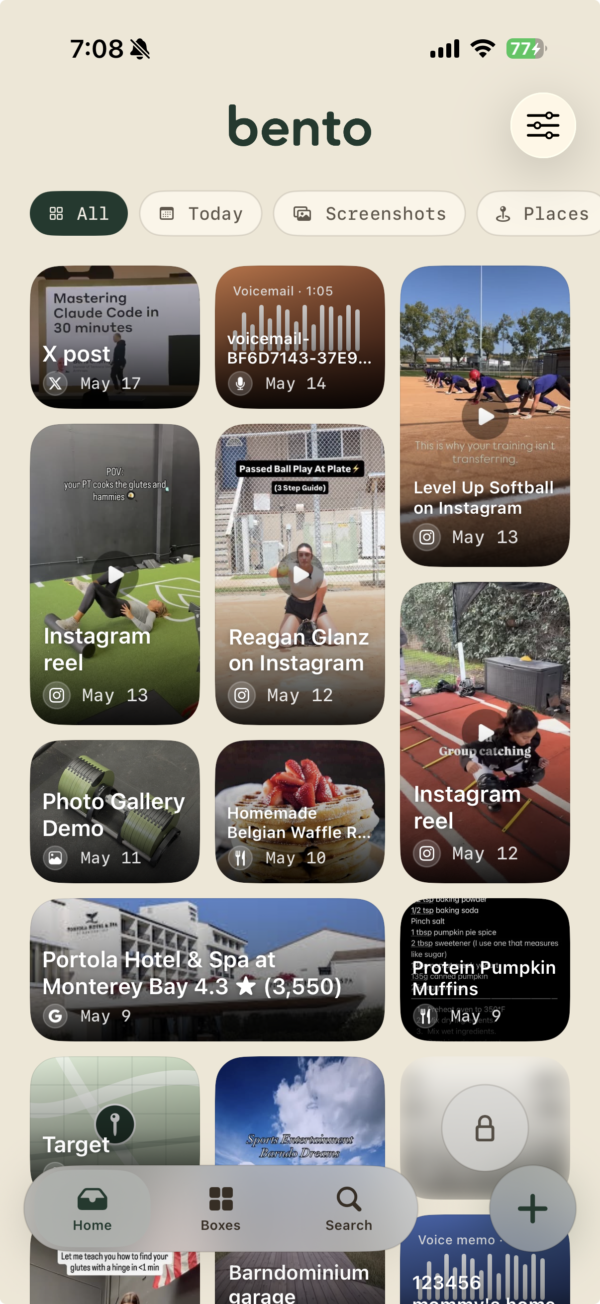 Bento inbox showing a grid of saved items — Instagram reels, PDFs, voicemails, and screenshots